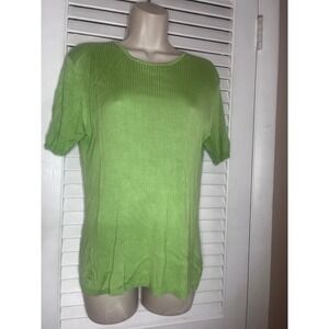 Vtg Y2K  SILX 100% Silk Ribbed Knit Short Sleeve Top Lime Green Crew Neck  L
